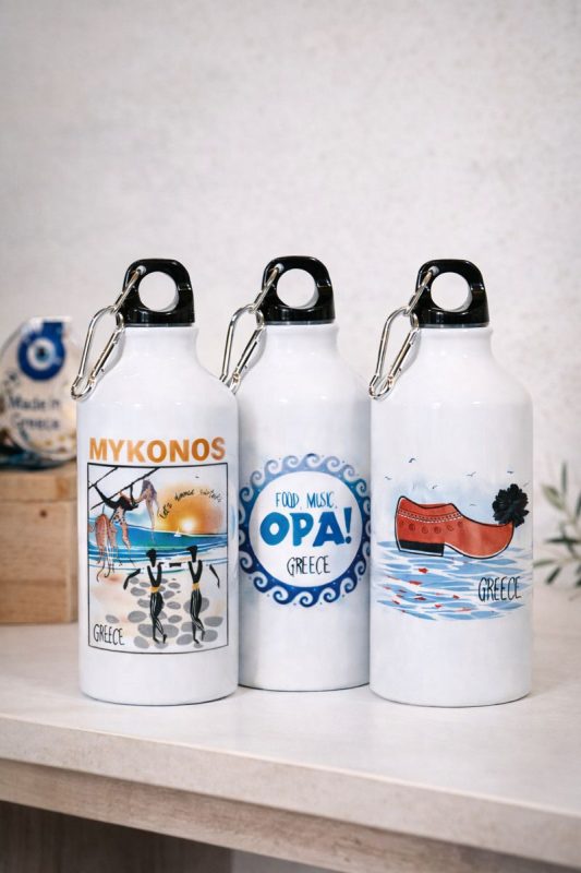 Μεταλλικά παγούρια ελληνικού σουβενίρ με σχέδια Μύκονος, OPA Greece και καλοκαιρινά θαλάσσια μοτίβα