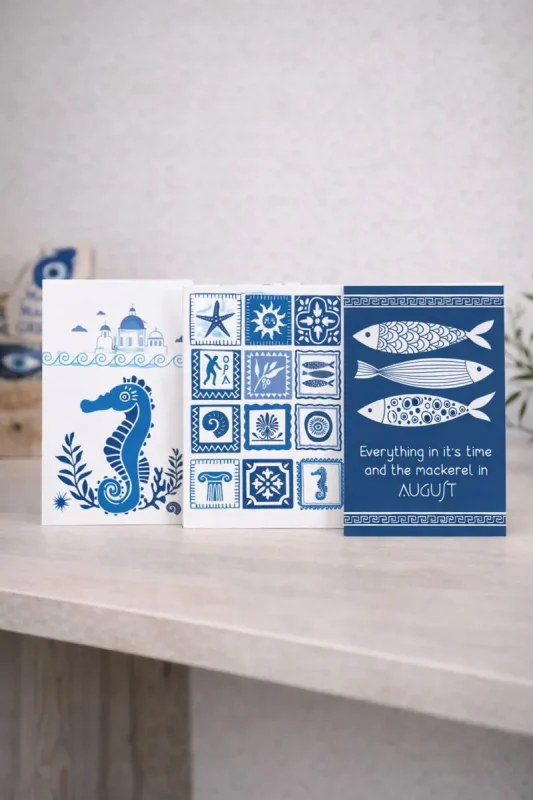 Ελληνικα καρτποσταλ σουβενιρ με θαλασσια μοτιβα και κυκλαδίτικο μπλε σχέδιο