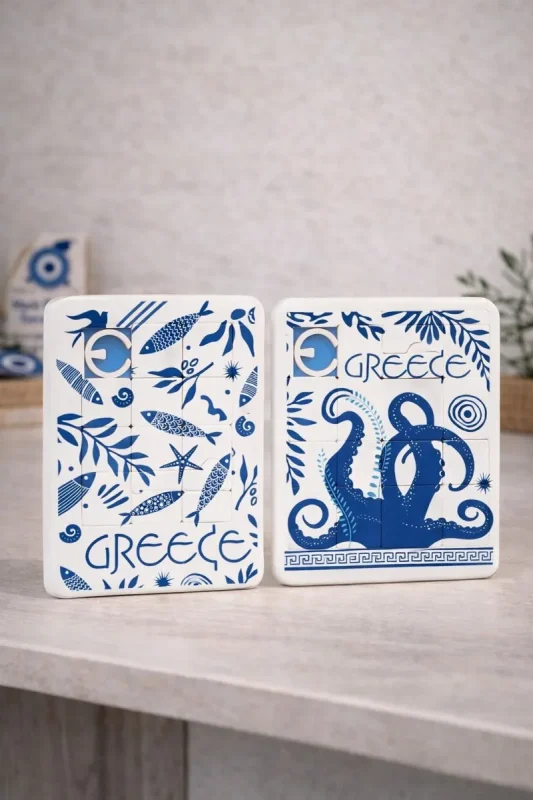 sliding puzzle Ελλάδας με θαλάσσια μοτίβα και χταπόδι σε μπλε κυκλαδίτικο σχέδιο