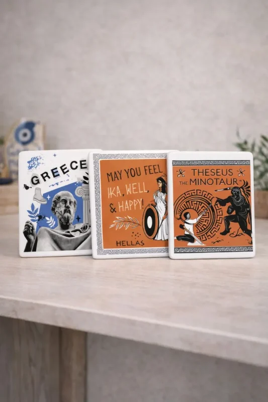 Κεραμικά σουβενίρ Ελλάδας με αρχαία φιλοσοφία, ελληνικά μηνύματα και Θησέα με Μινώταυρο