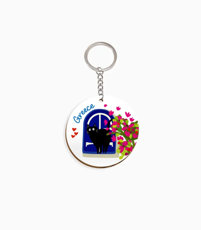 Μπρελόκ ελληνικού σουβενίρ με γάτα και φυτά – σύγχρονο ελληνικό καλοκαιρινό μοτίβο