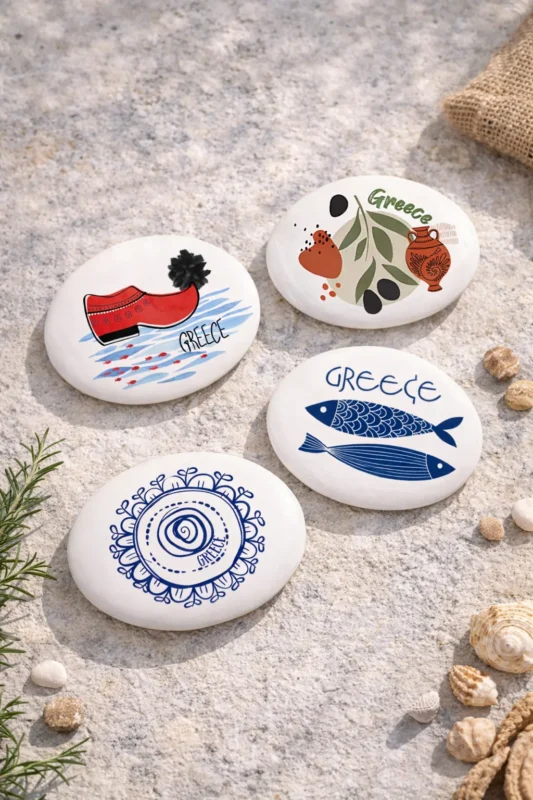 Μαγνητάκια ελληνικού σουβενίρ με σχέδια Ελλάδα, ψάρι, μάτι και παραδοσιακά μοτίβα