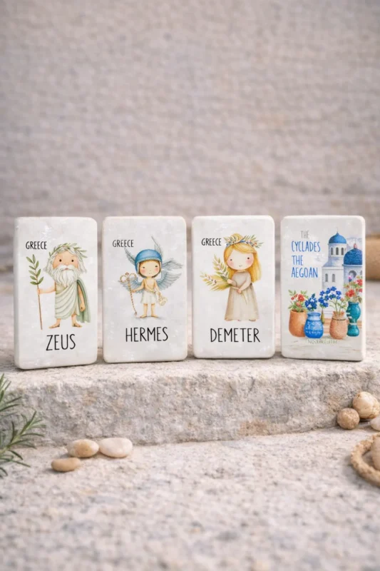 Μαγνητάκια ελληνικού σουβενίρ με θεούς της αρχαίας Ελλάδας – Δίας, Ερμής, Δήμητρα και Κυκλάδες