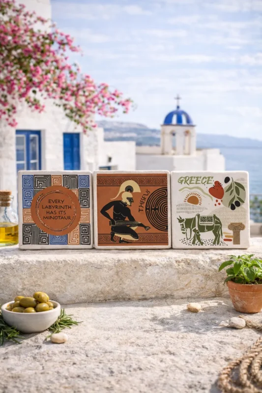 Ελληνικά σουβενίρ με αρχαιοελληνικά και παραδοσιακά μοτίβα σε νησιώτικο φόντο – κεραμικά διακοσμητικά με θέα Κυκλάδες