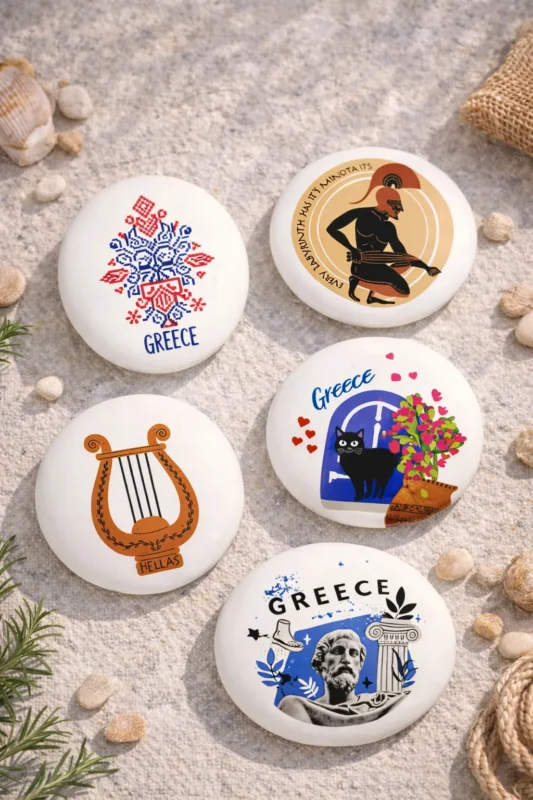 Μαγνητάκια ελληνικού σουβενίρ με Θησέα, λύρα, γάτα και παραδοσιακά σχέδια Ελλάδας