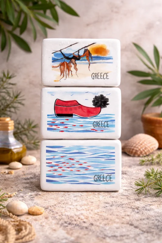Κεραμικά μαγνητάκια ελληνικού σουβενίρ με καλοκαιρινά σχέδια Ελλάδας και θαλάσσια μοτίβα